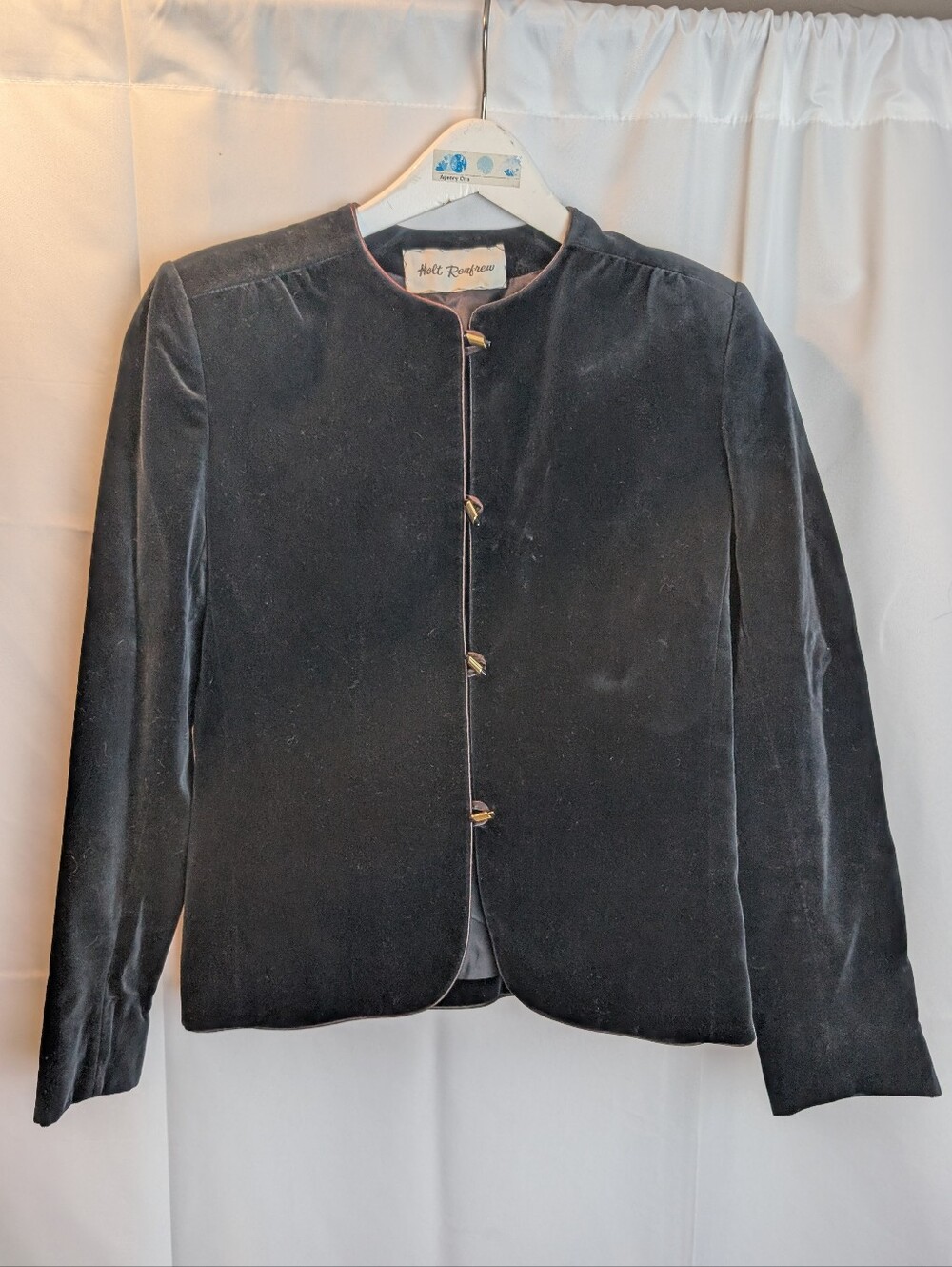Vintage Holt Renfrew Velvet Jacket Blazer Collarless Gold Buttons Black Size 8